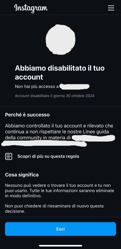 Avviso Ban Instagram